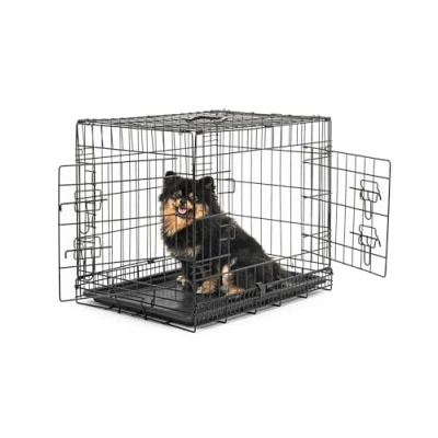 Abbildung von lionto Tiertransportbox für Hunde und Katzen, vielseitiger Transportkäfig mit hygienischer Kunststoffwanne, 61x44x51 cm, Hundebox aus Metall stabilen Sicherheitsverschlüssen &amp; Trennwand, schwarz