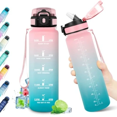 Abbildung von Trinkflasche 1L, BPA frei, Wasserflasche mit Strohhalm &amp; Zeitmarkierung, Auslaufsicher, Kohlensäure Geeignet, für Kinder, Gym, Camping, Wandern, Fahrrad, Yoga, Sport