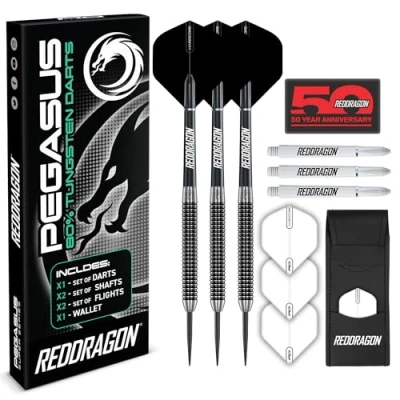Abbildung von RED DRAGON Pegasus 25 Gramm Professionelles Tungsten Steeltip Dart Set mit Flights, Schäften (Shafts) und Brieftasche