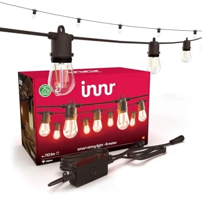 Abbildung von innr Smart LED Lichterkette außen 8m, Zigbee, Funktioniert mit Hue* und Alexa (Bridge erforderlich), Warmweiß, Outdoor Balkon, 16 Glühbirnen, IP65 wasserdicht, dimmbar, Komplettset