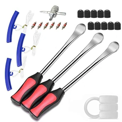 Abbildung von ANGNYA Reifenheber Reifen Montiereisen 3pcs montierhebel Werkzeug Rad Felge Protektoren Tool Kit 10 Reifenventilkappen und Kappen Werkzeugsatz für Motorrad Fahrrad