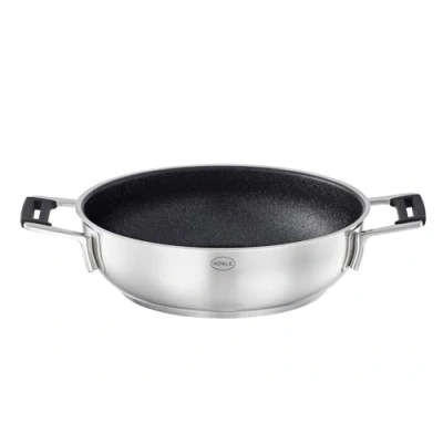 Abbildung von RÖSLE SILENCE PRO Servierpfanne, Pfanne mit kratzfester Premium Antihaftversiegelung ProResist, Silikongriffe, 24 cm, Edelstahl 18/10, induktionsgeeignet, spülmaschinengeeignet, Silberfarben/Schwarz
