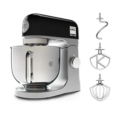 Abbildung von Kenwood kMix KMX750BK Küchenmaschine, 5 l Edelstahl Schüssel, Safe Use Sicherheitssystem, Metallgehäuse, 1000 Watt, inkl. 3 Teiligem Patisserie Set und Spritzschutz, Schwarz, 240x385x355