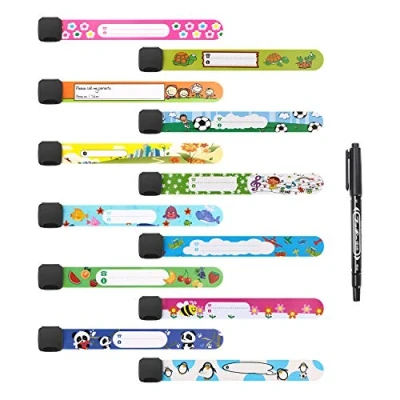 Abbildung von Vicloon Notfall Armband für Kinder, 12 Stück SOS mit 1 Marker Stift, ID Armband, Kinder Namensarmband Wasserdichtes Wiederverwendbares Jungen, Mädchen &amp; Kleinkind Baby