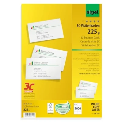 Abbildung von SIGEL LP797 bedruckbare Visitenkarten 3C, 1000 Stück (100 Blatt), hochweiß, glatter Schnitt rundum, 225 g, 85x55 mm