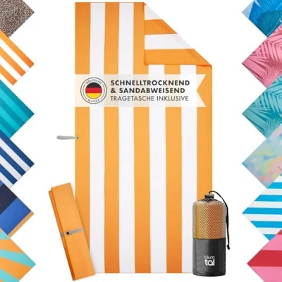 Abbildung von Blumtal Strandhandtuch 90x180 cm aus Mikrofaser kompaktes und schnelltrocknendes Handtuch/Strandtuch xxl Stranddecke sandfrei mit Band Badetücher Badehandtuch sandabweisend Gelb Weiß gestreift