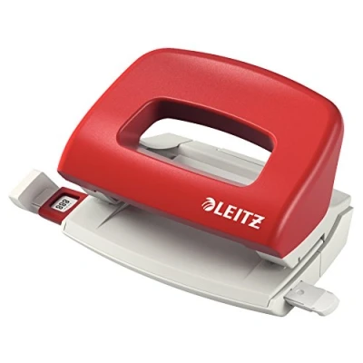 Abbildung von Leitz Mini Büro Locher aus Metall, kleiner für 10 Blatt, Anschlagschiene mit Formatangaben, Ergonomisches Design, rot, 50580025