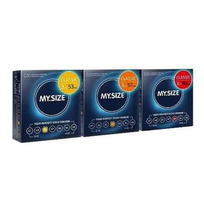 Abbildung von MY.SIZE Classic Kondome 3er Probierpackung I 53, 57, 60 mm Breite 3x3 Stück Premium extra dünn gefühlsecht hauchzart dünne 0,07 Wandstärke vegan