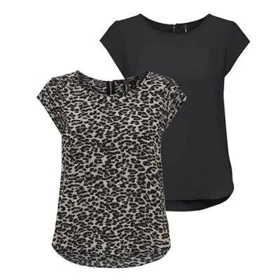 Abbildung von ONLY Damen ONLVIC S/S Solid 2 Pack Top, Kurzarm, Black/Pumice Stone/Leo Print, 34