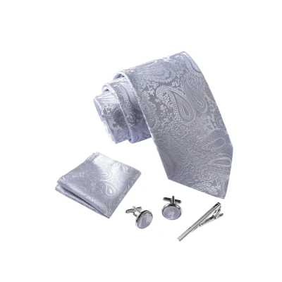 Abbildung von Massi Morino Krawatte Paisley Grau mit Einstecktuch Set Herren inkl. Manschettenknöpfe, Krawattennadel und Geschenkbox Männer Krawattenset
