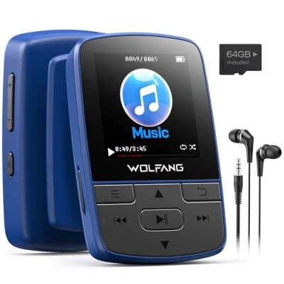 Abbildung von WOLFANG 64 GB MP3 Player mit Bluetooth 5.3, Sportclip, Mini Größe, Gewicht 28,3 g, HiFi Lautsprecher, FM Radio, Diktiergerät, Kopfhörer im Lieferumfang enthalten