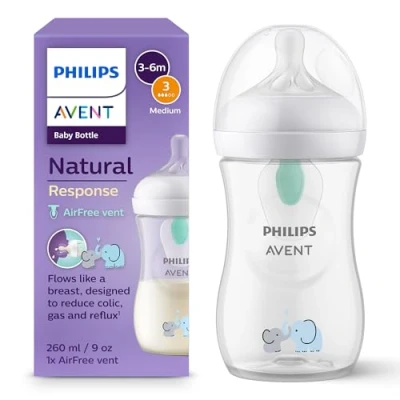 Abbildung von Philips Avent Natural Response Babyflaschen mit AirFree Ventil, 260 ml, BPA frei, für Neugeborene ab 1 Monat, Elefantenmotiv (Modell SCY673/81)