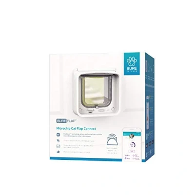 Abbildung von Sure Petcare SureFlap Mikrochip Katzenklappe Connect, kompatibel mit Smartphone App, Einbau in Türen, Glasscheiben, Wände, Hub und 4 x AA Batterien erforderlich (nicht im Lieferumfang enthalten), weiß
