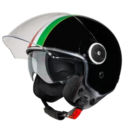 Abbildung von VINZ Neiva Jethelm mit Doppelvisier Roller Helm Italienische Flagge &amp; Sonnenblende In Gr. XS XXL ECE 22.06 Zertifiziert Motorradhelm Visier Viele Farben Erhältlich Schwarz