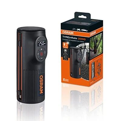 Abbildung von OSRAM TYREinflate 2000, kompakte wiederaufladbare Reifenpumpe mit LED Licht, tragbarer Kompressor für Reifen, Stromanschluss via USB, Reifenbefüllung in 2 Minuten