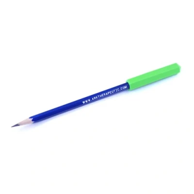 Abbildung von ARK® Beiß und Kauaufsatz für Stifte in verschiedenen Stärken Formen + Bleistift inkl. ATC Pflegeanleitung Sensory Kauaufsatz, Beißen, Kauen, Zahnen, Autismus (crystal, fest hellgrün)