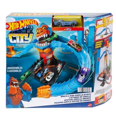 Abbildung von Hot Wheels HDR30 Gorilla Angriff mit 1 Auto, Anderen Sets verbindbar, Set Tankstelle, Autorennbahn Spielzeug für Kinder ab 4 Jahren
