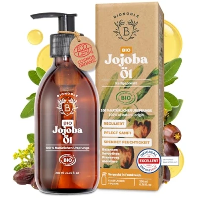 Abbildung von Bionoble Jojobaöl Bio 200ml 100% Rein, Natürlich und Kaltgepresst Gesicht, Körper, Haare, Bart, Nägel Vegan Cruelty Free Jojoba Oil Glasflasche + Pumpe