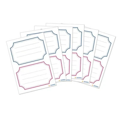 Abbildung von HERMA 5781 Buchetiketten zum Beschriften neutral blau roter Rand, 12 Stück, 78 x 53 mm, selbstklebend, liniert, Buchaufkleber für Schule Kinder Mädchen Jungen, blanko Heftetiketten Aufkleber, weiß