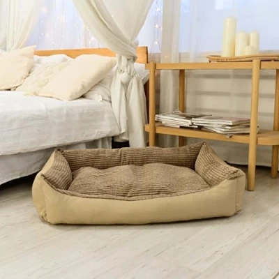Abbildung von Odolplusz Hundebett kuschelig Schlafplatz mit Wendekissen Bezug abnehmbar und waschbar Füllung aus hautsympathischen 100% Polyurethanschwamm 100x70cm (Beige)