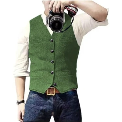 Abbildung von Solovedress Herren Casual Wolle Fischgrätmuster Anzug Weste V Ausschnitt Tweed für Hochzeit Groomsmen(Grün,L)