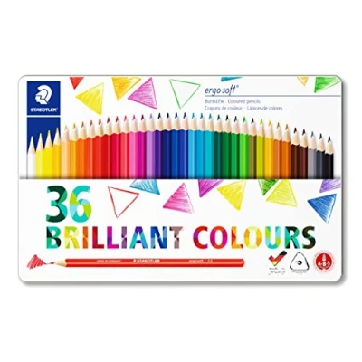 Abbildung von STAEDTLER Buntstifte ergo soft, ergonomische Dreikantform, erhöhte Bruchfestigkeit, rutschfeste Soft Oberfläche, 36 in brillanten Farben im Metalletui, 157 M36