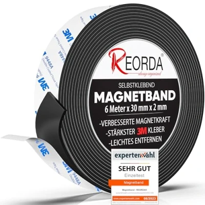 Abbildung von REORDA® Magnetband selbstklebend stark Magnetstreifen mit starkem 3M Kleber Magnetklebeband optimierter Magnetkraft Magnet Klebeband