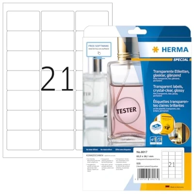 Abbildung von HERMA 8017 Wetterfeste Folienetiketten transparent, 25 Blatt, 63,5 x 38,1 mm, 21 pro A4 Bogen, 525 Stück, selbstklebend, bedruckbar, glänzend, blanko Klebeetiketten Aufkleber aus Folie, durchsichtig