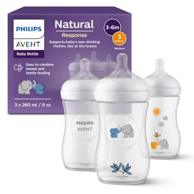 Abbildung von Philips Avent Natural Response Geschenkset für Babys: 3 Babyfläschchen (260 ml) mit T3 Saugern (ab 1 Monat), SCY903/63