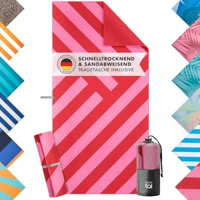 Abbildung von Blumtal Strandhandtuch 90x180cm aus Mikrofaser kompaktes und schnelltrocknendes Leo Handtuch/Strandtuch XXL Stranddecke sandfrei mit Band Badetuch Handtuch Rosa Zigzag
