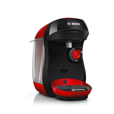 Abbildung von Bosch Tassimo happy friendly Kapselmaschine TAS103E, über 70 Getränke, geeignet für alle Tassen, Abschaltautomatik, nachhaltig, perfekt dosiert, platzsparend, 1400 W, rot/schwarz