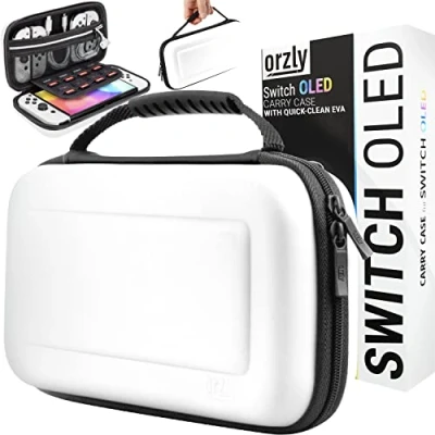 Abbildung von Orzly Tasche Kompatibel mit Weiss Nintendo Switch OLED und Konsole Zubehör Spiele Ablagefach Tragetasche leicht zu reinigende Hülle in Geschenkbox
