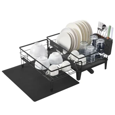 Abbildung von SONGMICS Abtropfgestell Geschirr, ausziehbarer Geschirr Abtropfständer, wasserabsorbierende Silikonmatte, 360 drehbarer und Ablauf, (31 56) x 42 20 cm, tintenschwarz KCS552B01