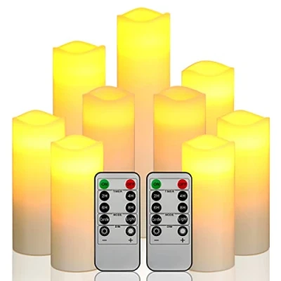 Abbildung von Da by LED Kerzen, Batteriekerzen Set aus 9 (1 H 22 cm, 1 H20 H18 2 H16cm, H14cm, H13cm) Elfenbein Wachskerze mit Fernbedienung（Batterien nicht enthalten）