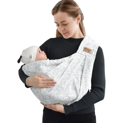 Abbildung von vrbabies Babytrage, Tragetuch Baby Fronttrage von Neugeborenen bis Kleinkindern, New Upgrade verstellbare Babytrage auf einer Schulter für Babys 0 24 monate zu 40 lbs (Kleine blaue Blume)