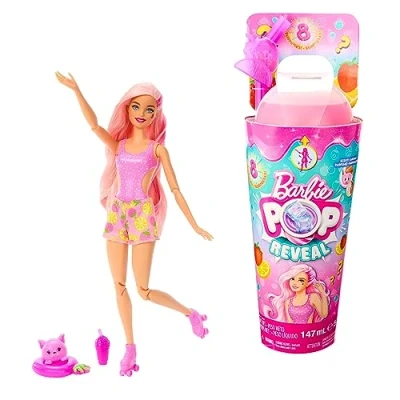 Abbildung von Barbie Pop Reveal Fruit Überraschungspuppen mit 8 fruchtigen Überraschungen, inklusive beweglicher Puppe Erdbeerlimonadenduft und Squishy Hündchen, ab 3 Jahren, HNW41
