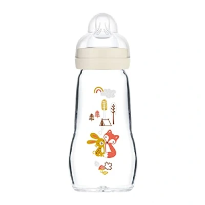 Abbildung von MAM Feel Good Babyflasche aus Glas (260 ml), Milchflasche mit weiter Öffnung, stabile Baby Trinkflasche Sauger Gr. 1, ab der Geburt, Hase/Fuchs