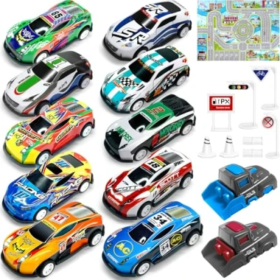 Abbildung von TOYABI 21 Matchbox Auto Set, 10PCS Metall Klein Spielzeuge, Spielzeug Autos mit Streichholzstarter/Stadtmatte/Aufbewahrungstasche für 3 4 5 Jahre alte Jungen Mädchen