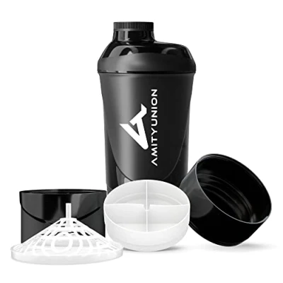 Abbildung von Protein Shaker mit Pulverfach 700 ml von AMITYUNION Eiweiß Deluxe auslaufsicher BPA frei Sieb Skala für Whey &amp; BCAA Shakes, Gym Fitness Becher Isolate, Sport Konzentrate Schwarz Cup