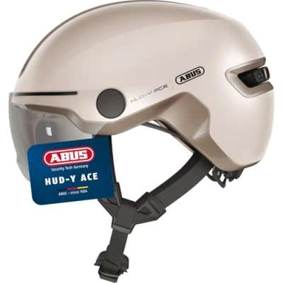Abbildung von ABUS Stadthelm HUD Y ACE stylischer Fahrradhelm mit Visier und magnetischem, aufladbarem LED Rücklicht für Damen Herren Beige, Größe L