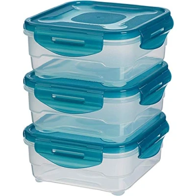 Abbildung von Amazon Basics Gefrierbehälter im Set, mit Deckel, luftdicht, auslaufsicher, stapelbar, für Kühlschrank/Gefriertruhe, BPA frei, Kunststoff, mikrowellen und spülmaschinenfest, 3 x 0.8 l, farblos