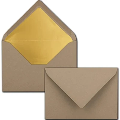 Abbildung von Kuverts Cappuccino 50 Stück Brief Umschläge DIN C6 114 x 162 mm 11,4 16,2 cm Naßklebung matte Oberfläche &amp; Gold Metallic Fütterung ohne Fenster für Einladungen