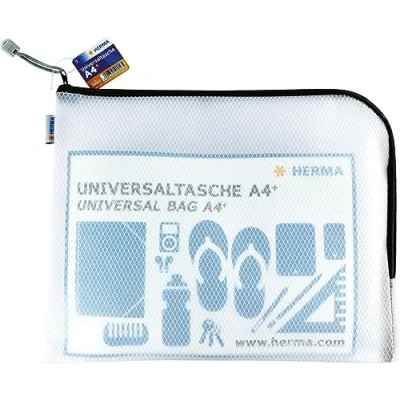 Abbildung von HERMA Dokumententasche A4 mit Reißverschluss, große wasserdichte Reißverschlusstasche, verschließbare Dokumentenmappe aus Kunstoff Zipper, halb transparent, 36 x 28 cm, schwarz