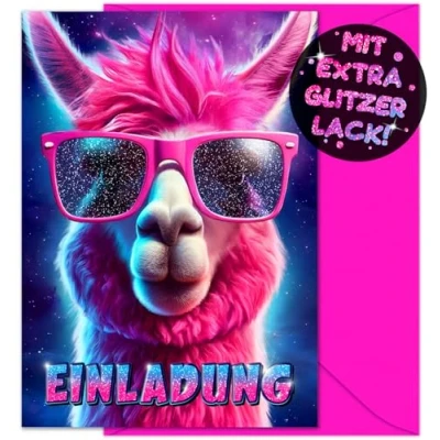 Abbildung von VULAVA 12x GLITZER Lama EINLADUNGSKARTEN KINDERGEBURTSTAG Mädchen Junge + Umschläge die Alpaka PARTY Karten sind Einladung für Kinder GEBURTSTAG Pferde Einhorn