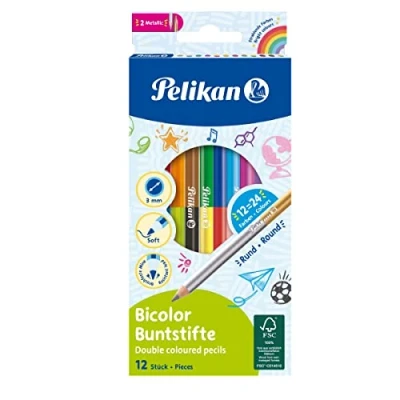 Abbildung von Pelikan 700146 12 Bicolor Buntstifte, 24 Farben, rund, jeder Buntstift mit 2 verschiedenfarbigen Enden, farbig lackiert in Minenfarbe