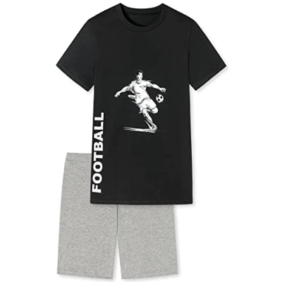 Abbildung von Jungen Schlafanzug kurz, weicher Single Jersey aus 100% Baumwolle und Hose in Bermuda Form mit Fussball Motiv, schwarz Grösse 164