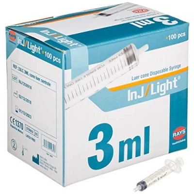 Abbildung von Rays INJ/LIGHT Injektionsspritzen ohne Nadel, zentraler Luer Konus, steril, Einweg, latexfrei, Volumen 3 ml, Packung 100 Stück