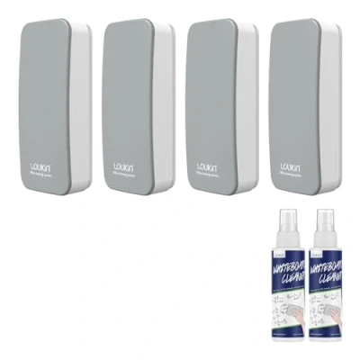 Abbildung von LOUKIN Magnetischer trocken abwischbarer Radiergummi, Whiteboard Radierer, Glastafelradierer (grau), inklusive 2 x 100 ml Reiniger, für Klassenzimmer, Zuhause und Büro, 4 Stück