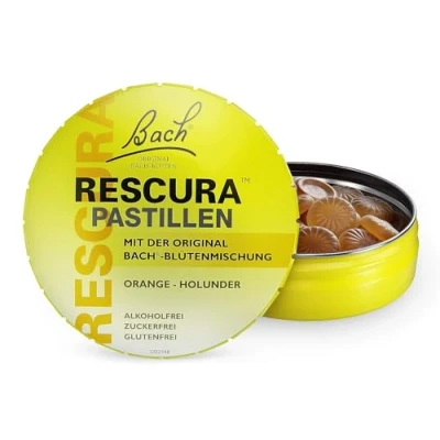 Abbildung von Original Bach RESCURA Pastillen: (ehemals Rescue) Bachblüten Mischung in einer fruchtigen Pastille, Orange Holunder, 50g
