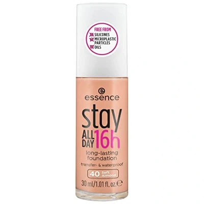 Abbildung von essence stay ALL DAY 16h long lasting Foundation, Make Up, Nr. 40 Soft Almond, nude, für Mischhaut, langanhaltend, mattierend, weichzeichnend, matt, vegan, ölfrei, wasserfest (30ml)